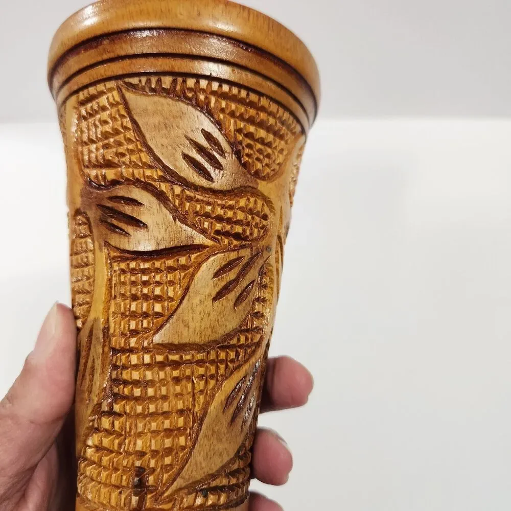 Hand Carved Wooden Vase Vessel Floral Leaf Design Bohemian Style, Boho Tiki